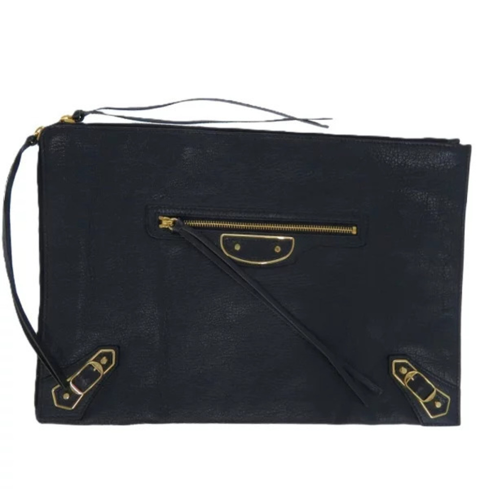 Balenciaga Metal Goatskin Leather Clutch Bag Navy Blue